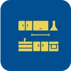 A blue background with yellow icons of furniture.